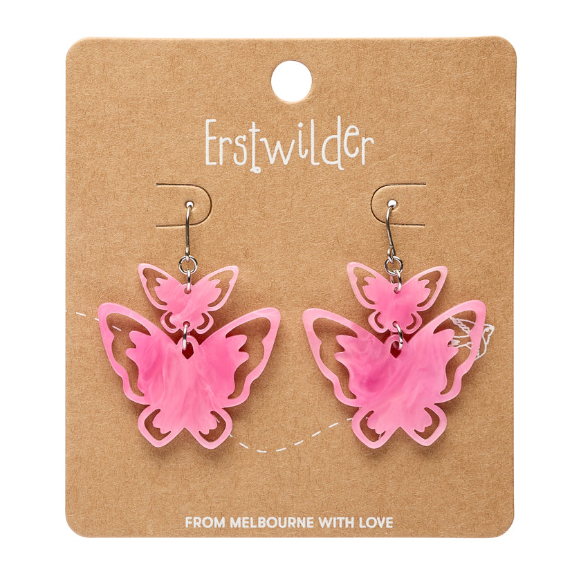 Double Butterfly Drop Earrings - Pink