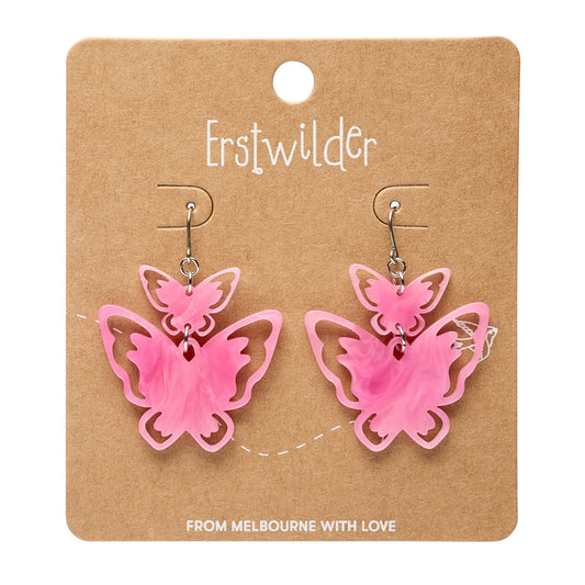Double Butterfly Drop Earrings - Pink