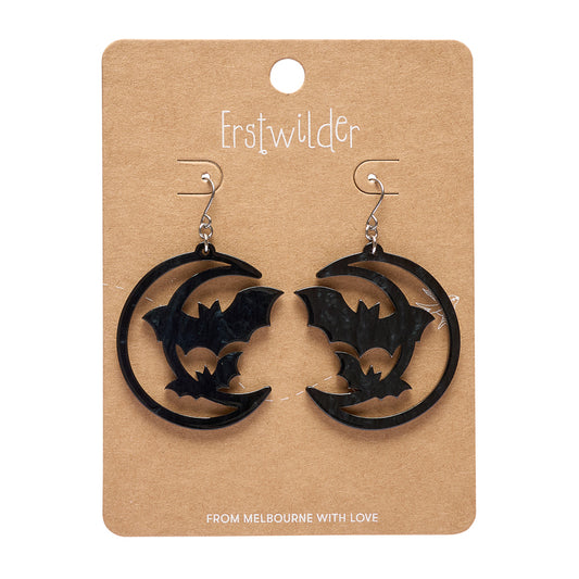Moon & Bats Drop Earrings - Black