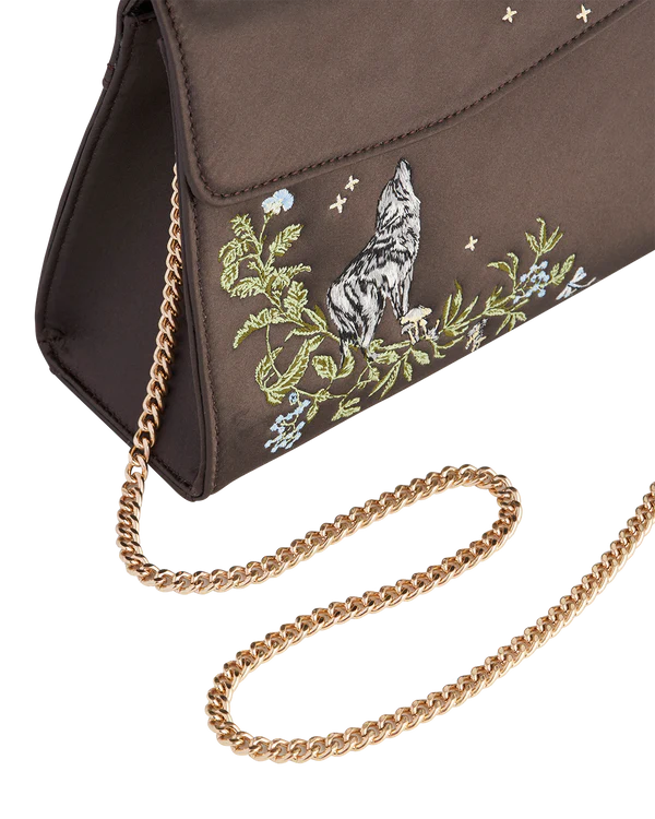Wolf & Moon Embroidered Charcoal Satin Tote