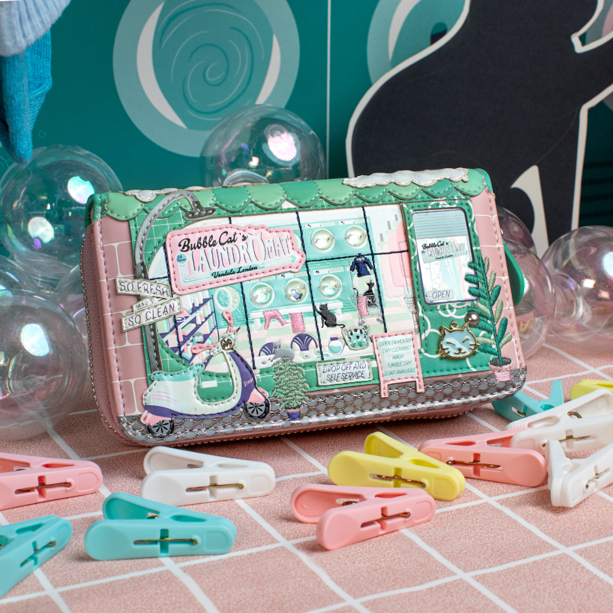 Bubble Cats Laundromat ~ Medium Zip Around Wallet