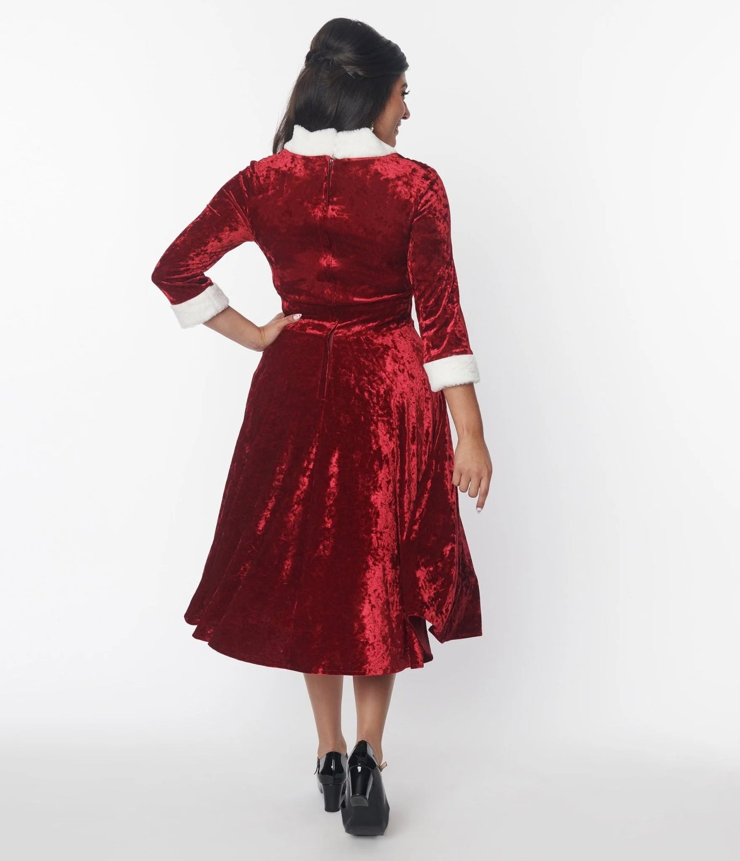 Red Crushed Velvet & Ivory Fur Delores Swing Dress - Rockamilly - Dresses - Vintage