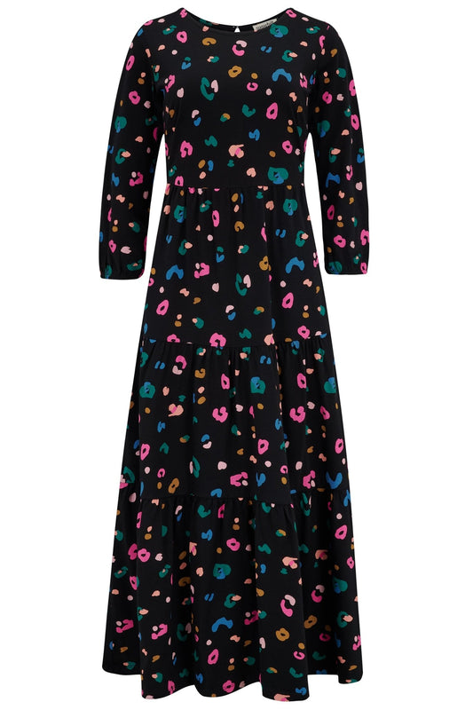 Bakari Jersey Tiered Midi Dress - Black, Paintbox Leopard - Rockamilly-Dresses-Vintage