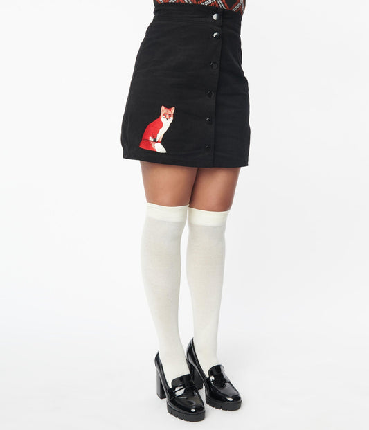 Black Corduroy Fox Skirt - Rockamilly-Skirts & Shorts-Vintage