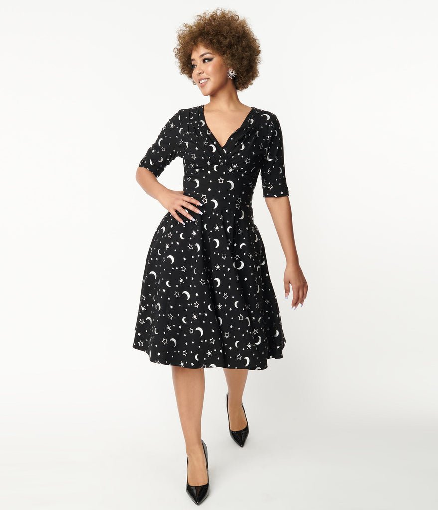 Black & Silver Galaxy Print Delores Swing Dress - Rockamilly-Dresses-Vintage