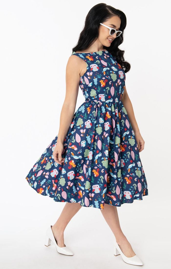 Blue Forest Animal Print Lacey Swing Dress - Rockamilly-Dresses-Vintage