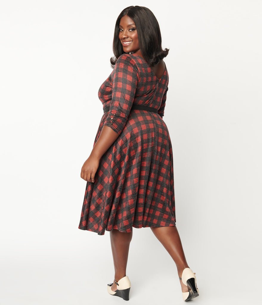 Burgundy & Black Plaid Devon Swing Dress - Rockamilly-Dresses-Vintage