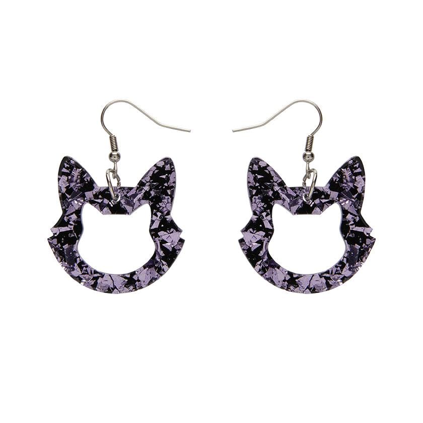 Cat Head Chunky Glitter Resin Drop Earrings - Lavender - Rockamilly-Jewellery-Vintage