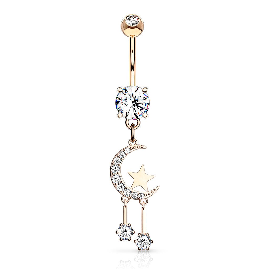 CZ Paved Crescent Moon and Star Dangle Navel Ring - Rockamilly--Vintage