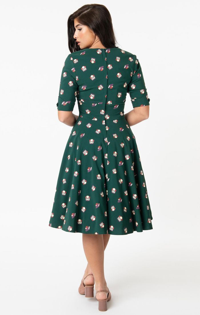 Delores Bookworm Owl Print Swing Dress - Rockamilly-Dresses-Vintage