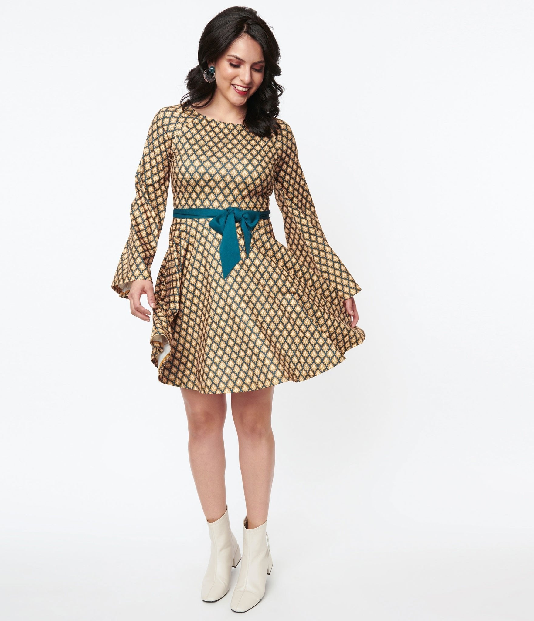 Green & Gold Deco Motif Flare Dress Rockamilly Green & Gold Deco Motif Flare Dress Rockamilly