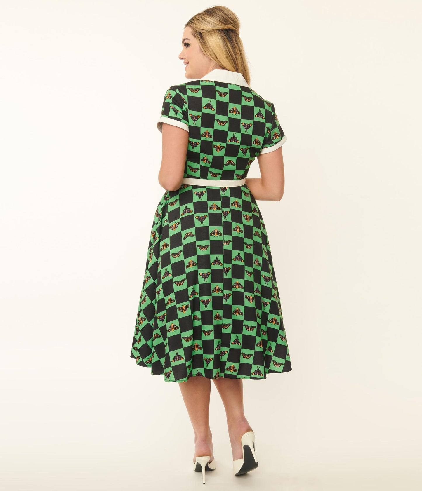 Green Moth Chequered Print Alexis Swing Dress - Rockamilly-Dresses-Vintage