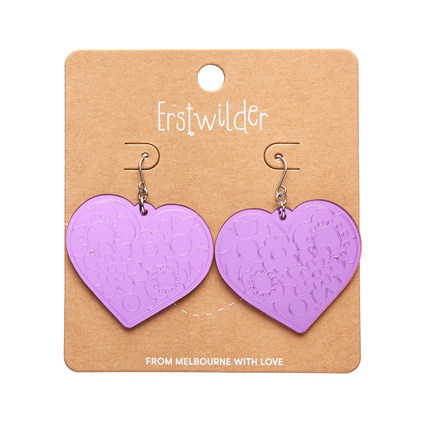 Love Heart Mirror Drop Earrings - Purple - Rockamilly-Jewellery-Vintage
