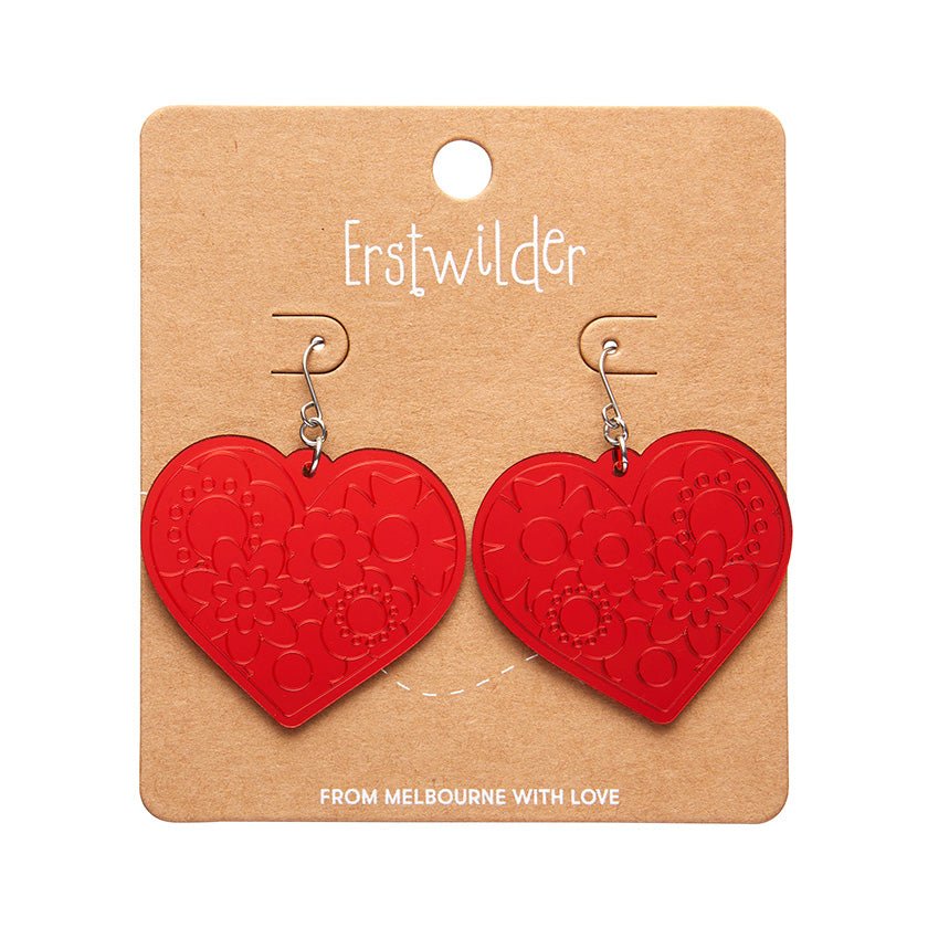 Love Heart Mirror Drop Earrings - Red - Rockamilly-Jewellery-Vintage