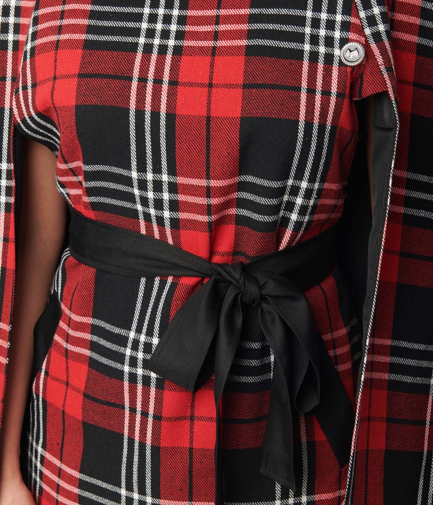 Red & Black Plaid Savile Row Cape Coat - Rockamilly-Jackets & Coats-Vintage