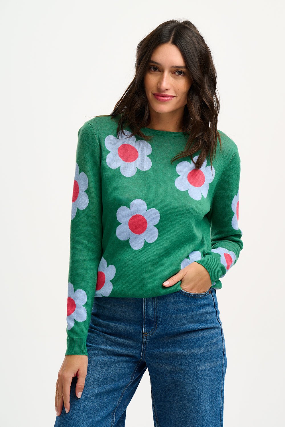 Rowena Jumper - Green Retro Flowers - Rockamilly-Knitwear-Vintage