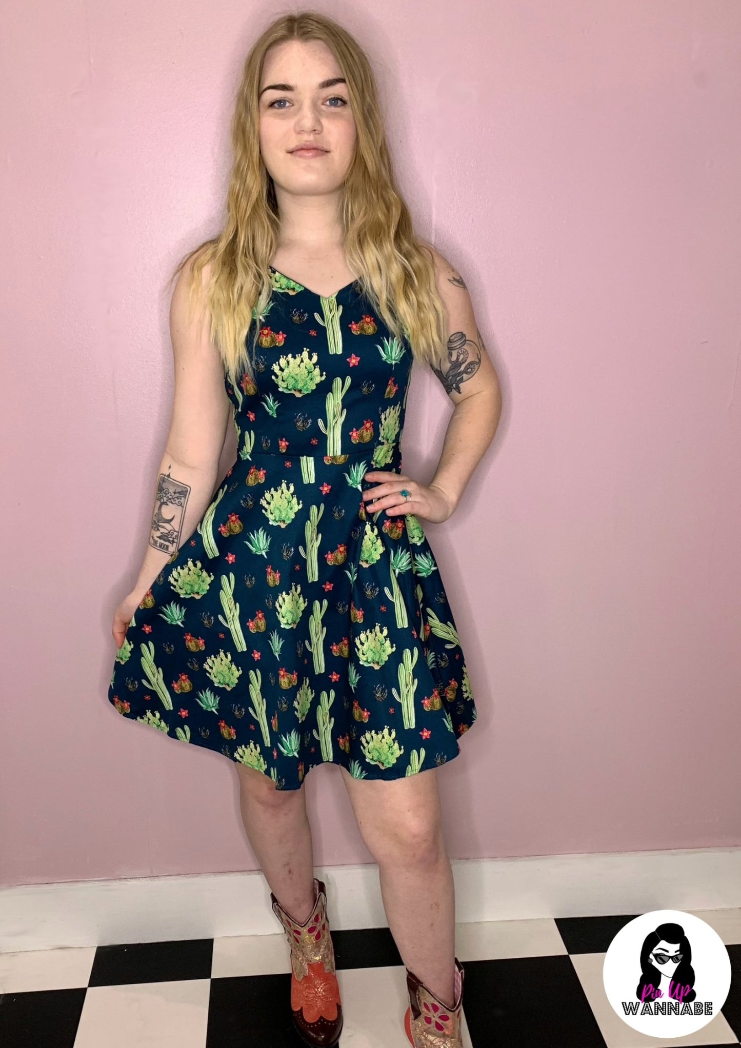 Sadie Cactus High Waist Pleated Dress - Rockamilly-Skirts-Vintage