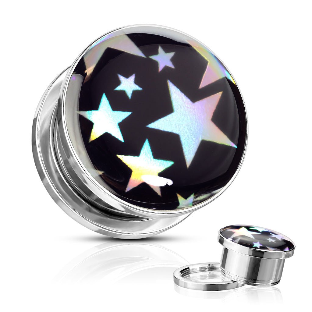 Stars Hologram 316L Surgical Steel Screw Fit Flesh Tunnel Plug - Rockamilly--Vintage