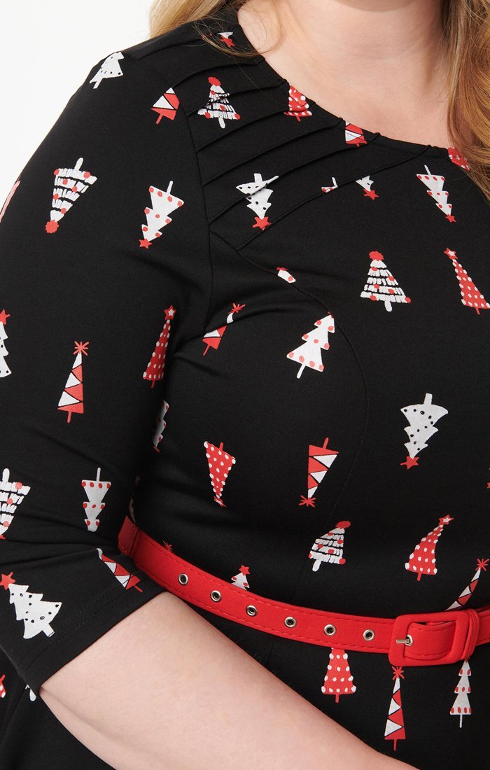 Stephanie Black Christmas Trees Flare Dress - Rockamilly-Dresses-Vintage