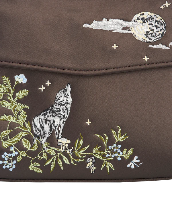 Wolf & Moon Embroidered Charcoal Satin Tote