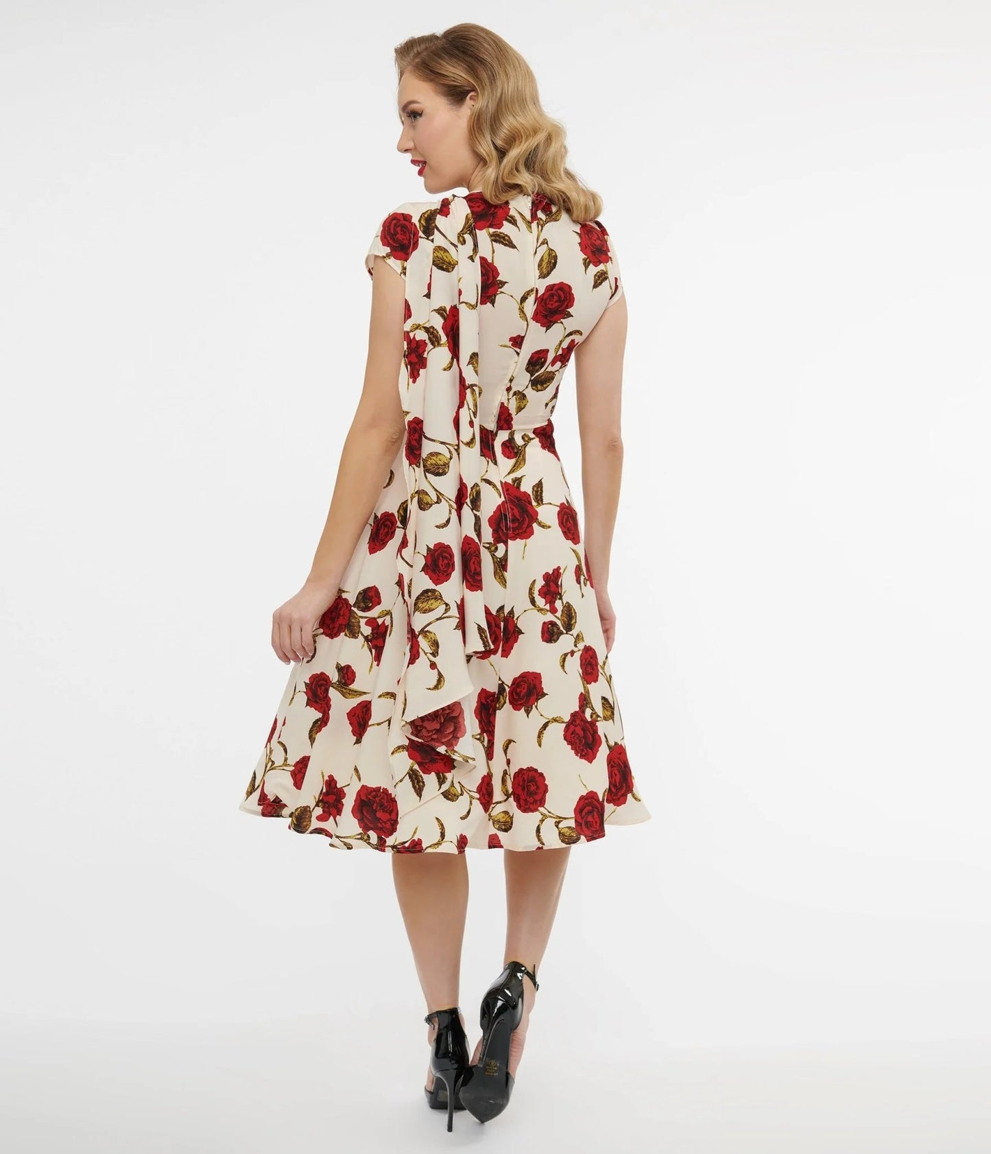 1940s Cream & Red Rose Print Sash Swing Dress - Rockamilly - Dresses - Vintage