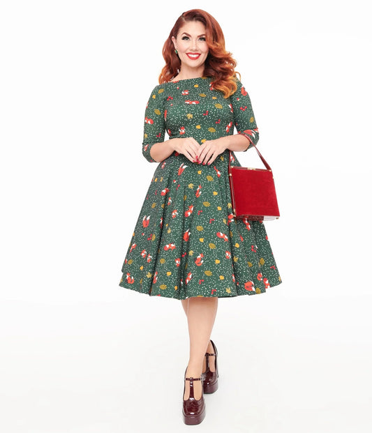 1950s Green Winter Fox Devon Swing Dress - Rockamilly - Dresses - Vintage