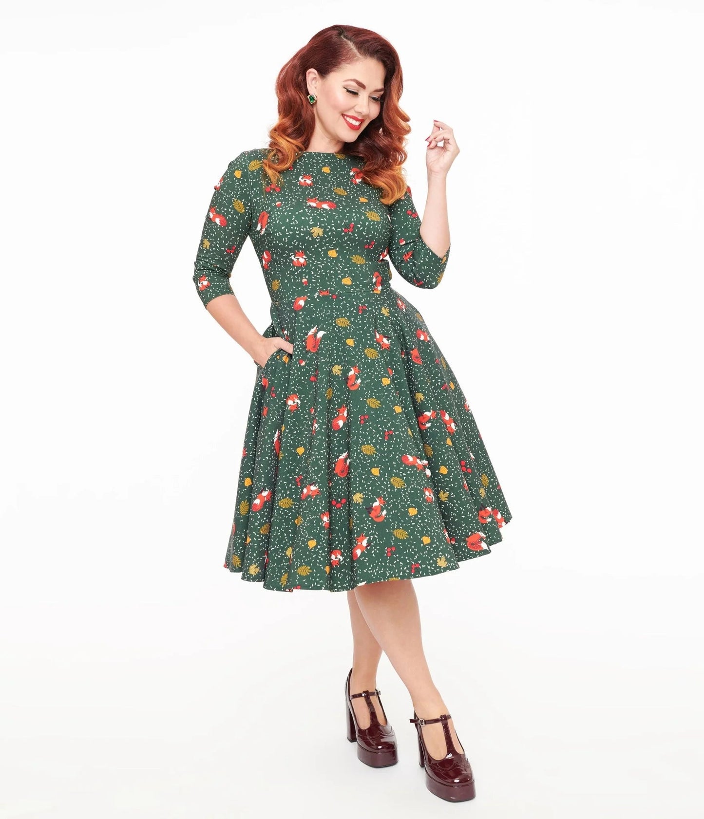 1950s Green Winter Fox Devon Swing Dress - Rockamilly - Dresses - Vintage