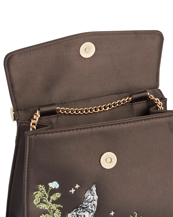 Wolf & Moon Embroidered Charcoal Satin Tote