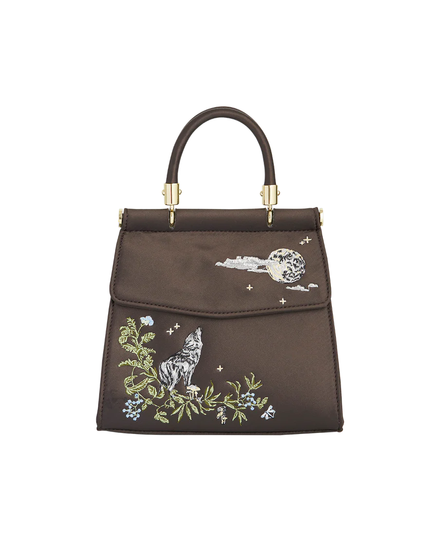 Wolf & Moon Embroidered Charcoal Satin Tote