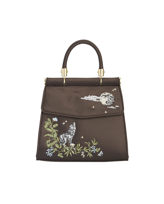 Wolf & Moon Embroidered Charcoal Satin Tote