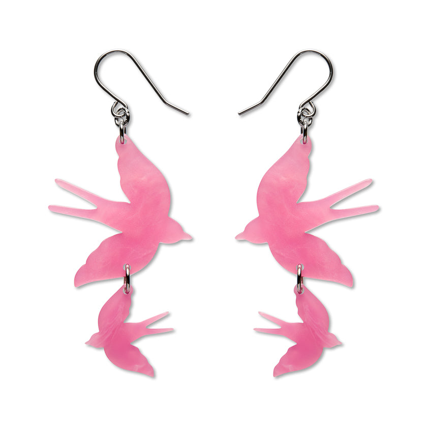 Double Swallow Drop Earrings - Pink