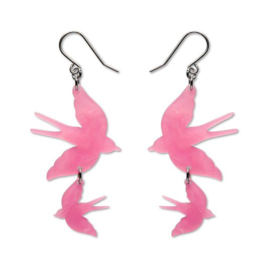 Double Swallow Drop Earrings - Pink