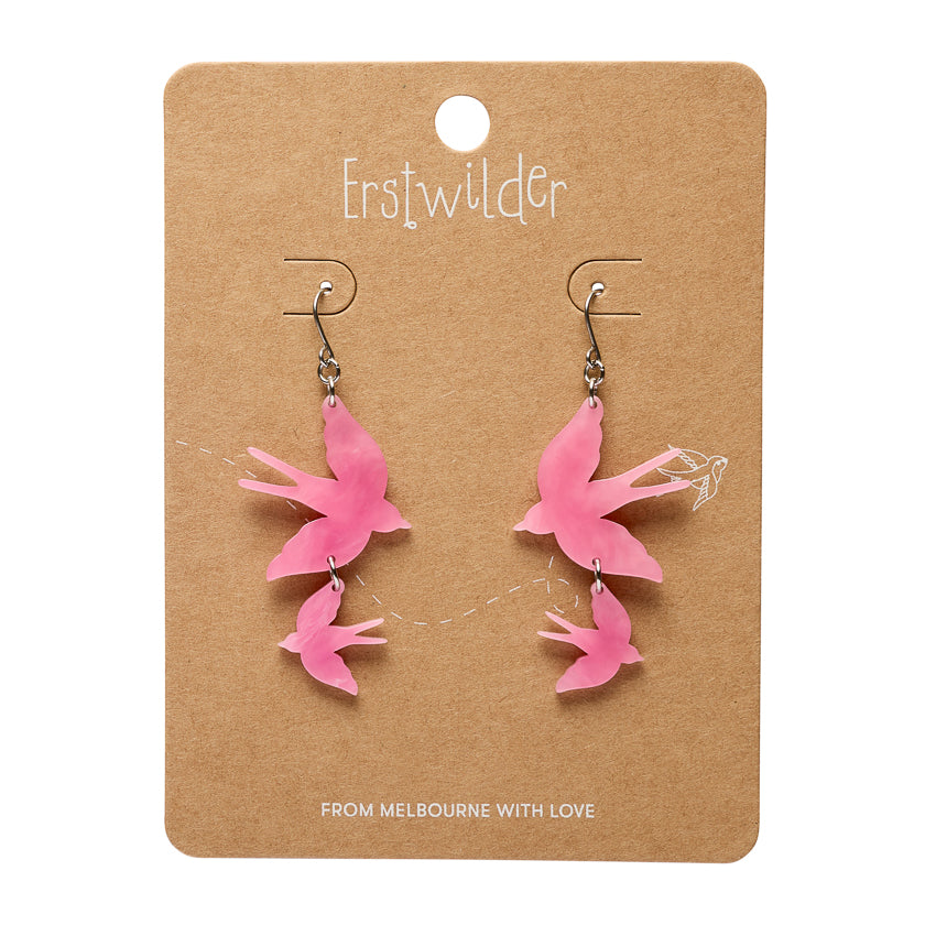 Double Swallow Drop Earrings - Pink