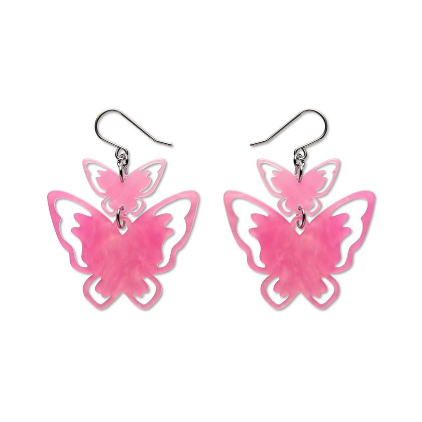 Double Butterfly Drop Earrings - Pink
