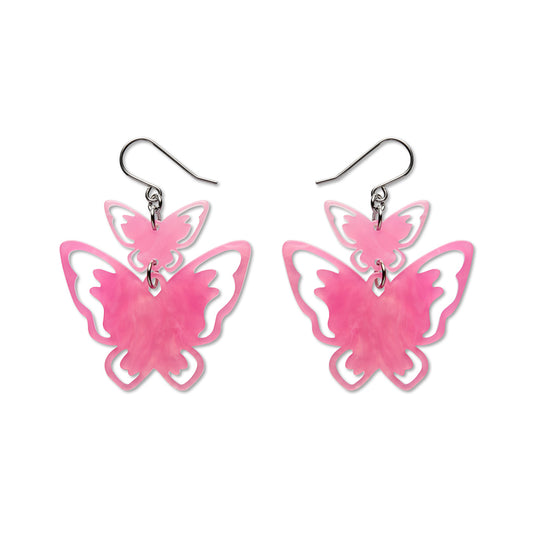 Double Butterfly Drop Earrings - Pink