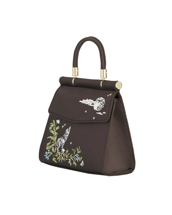 Wolf & Moon Embroidered Charcoal Satin Tote