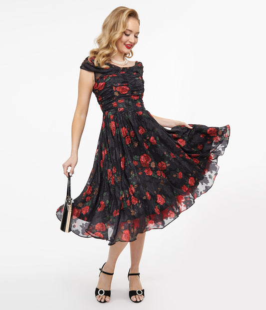 Black Red Rose Draped Off Shoulder Swing Dress - Rockamilly - Dresses - Vintage