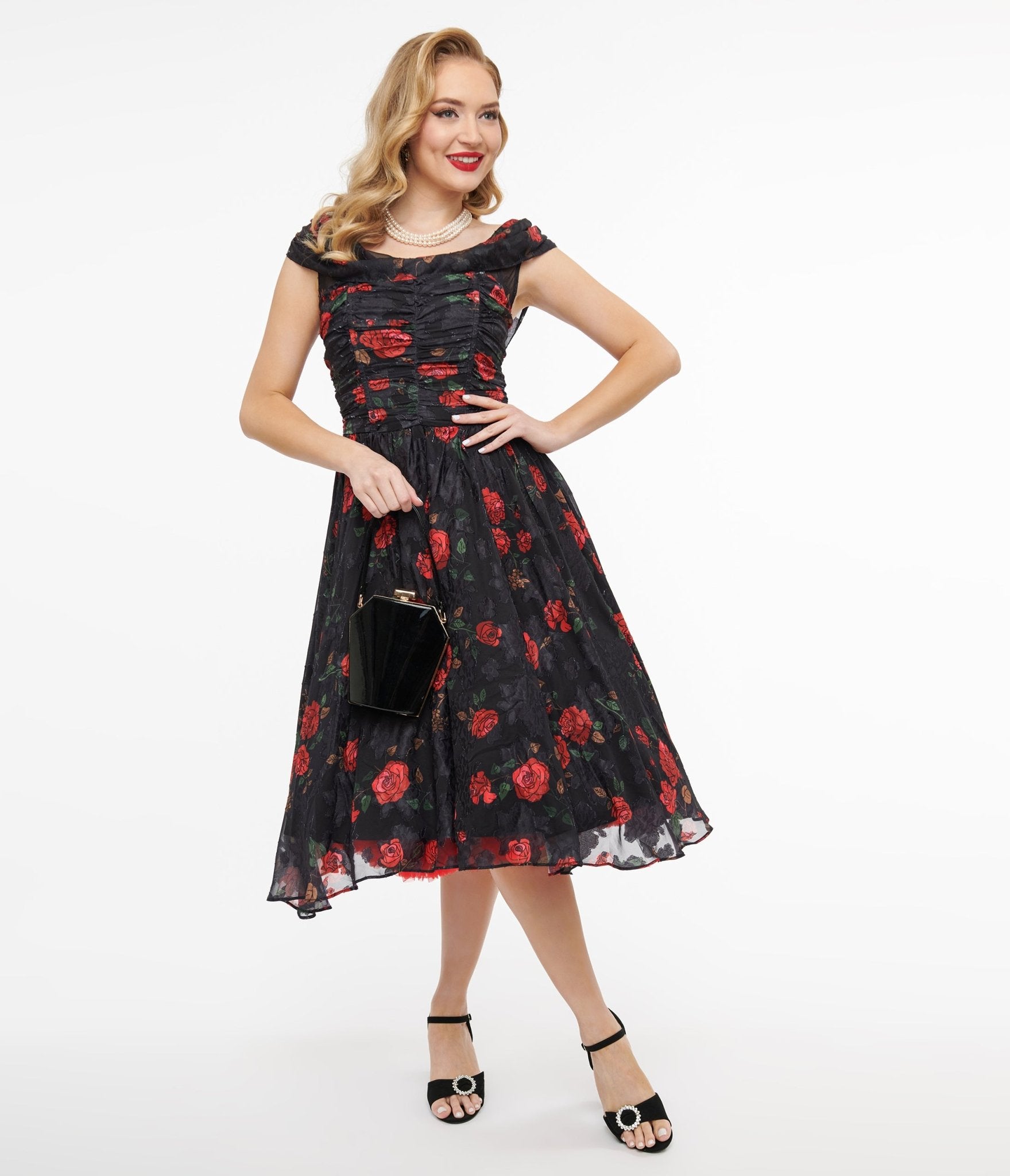 Black Red Rose Draped Off Shoulder Swing Dress - Rockamilly - Dresses - Vintage