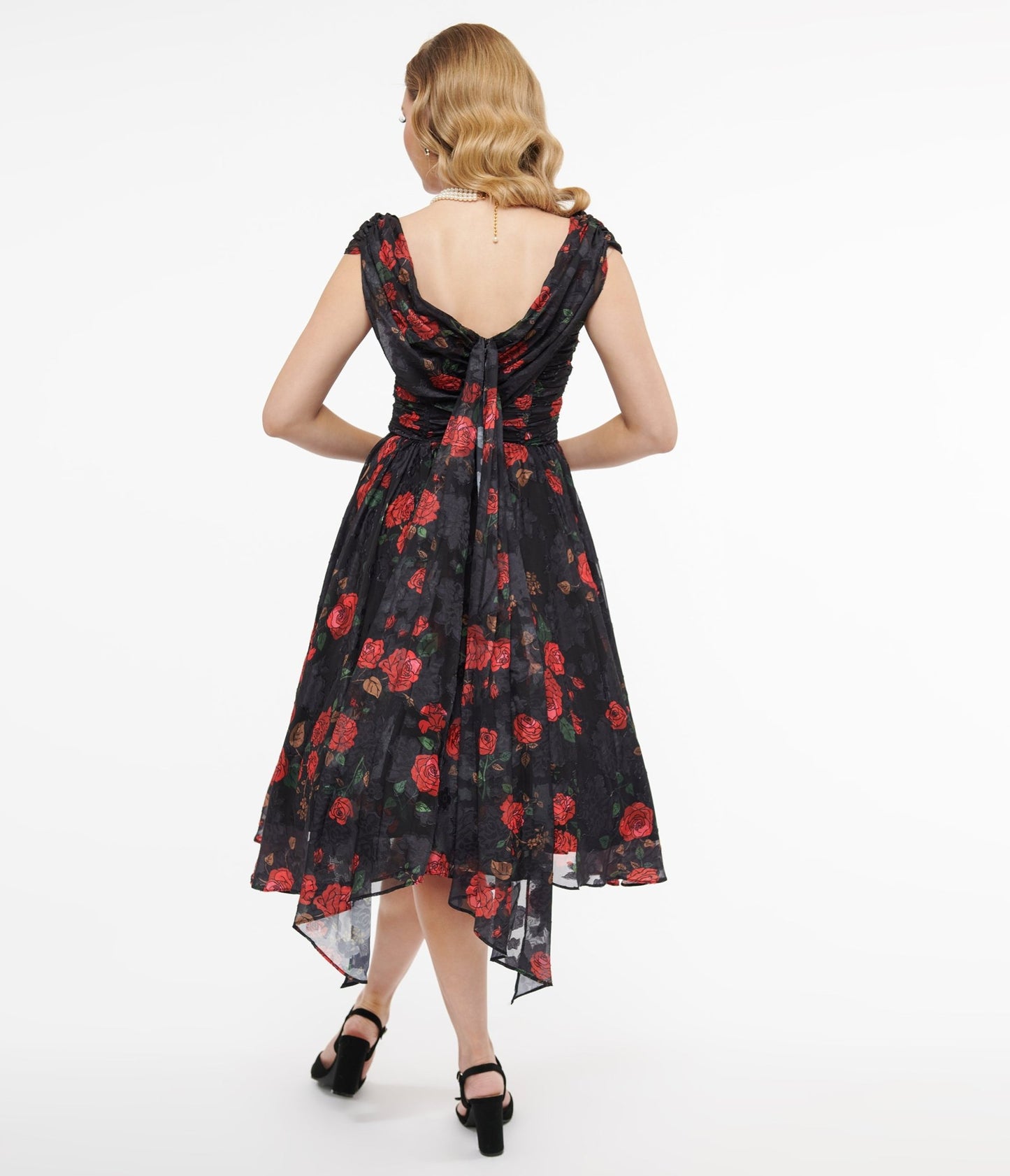 Black Red Rose Draped Off Shoulder Swing Dress - Rockamilly - Dresses - Vintage