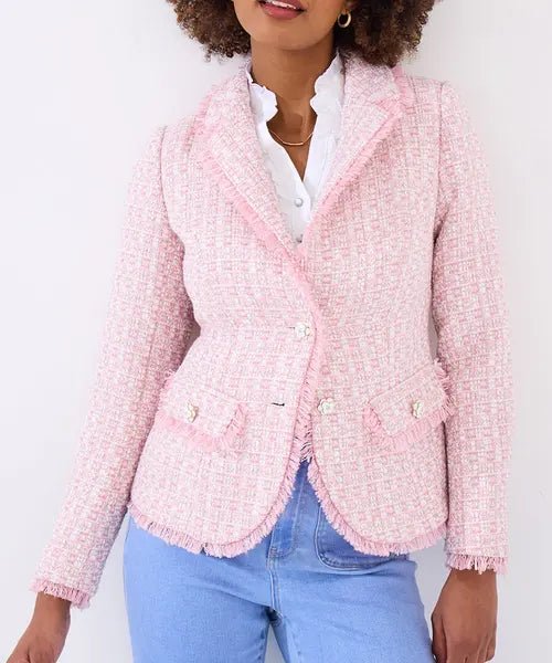 Claudette Floral Fastening Tweed Jacket - Pink - Rockamilly - Dresses - Vintage