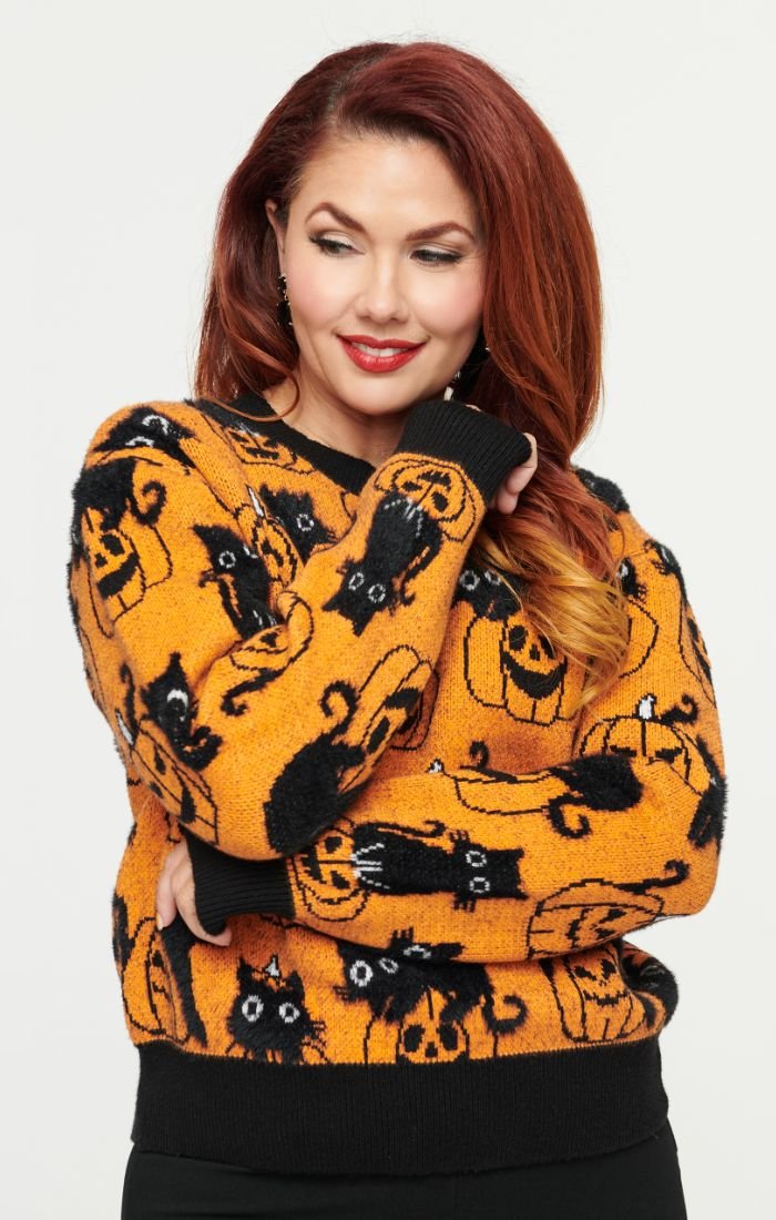 Long Sleeve Sweater Pumpkin/Cat - Rockamilly - knitwear - Vintage