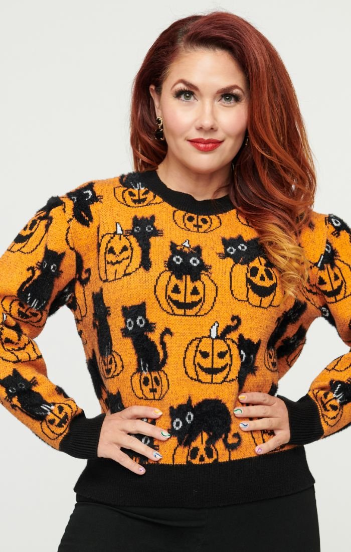 Long Sleeve Sweater Pumpkin/Cat - Rockamilly - knitwear - Vintage