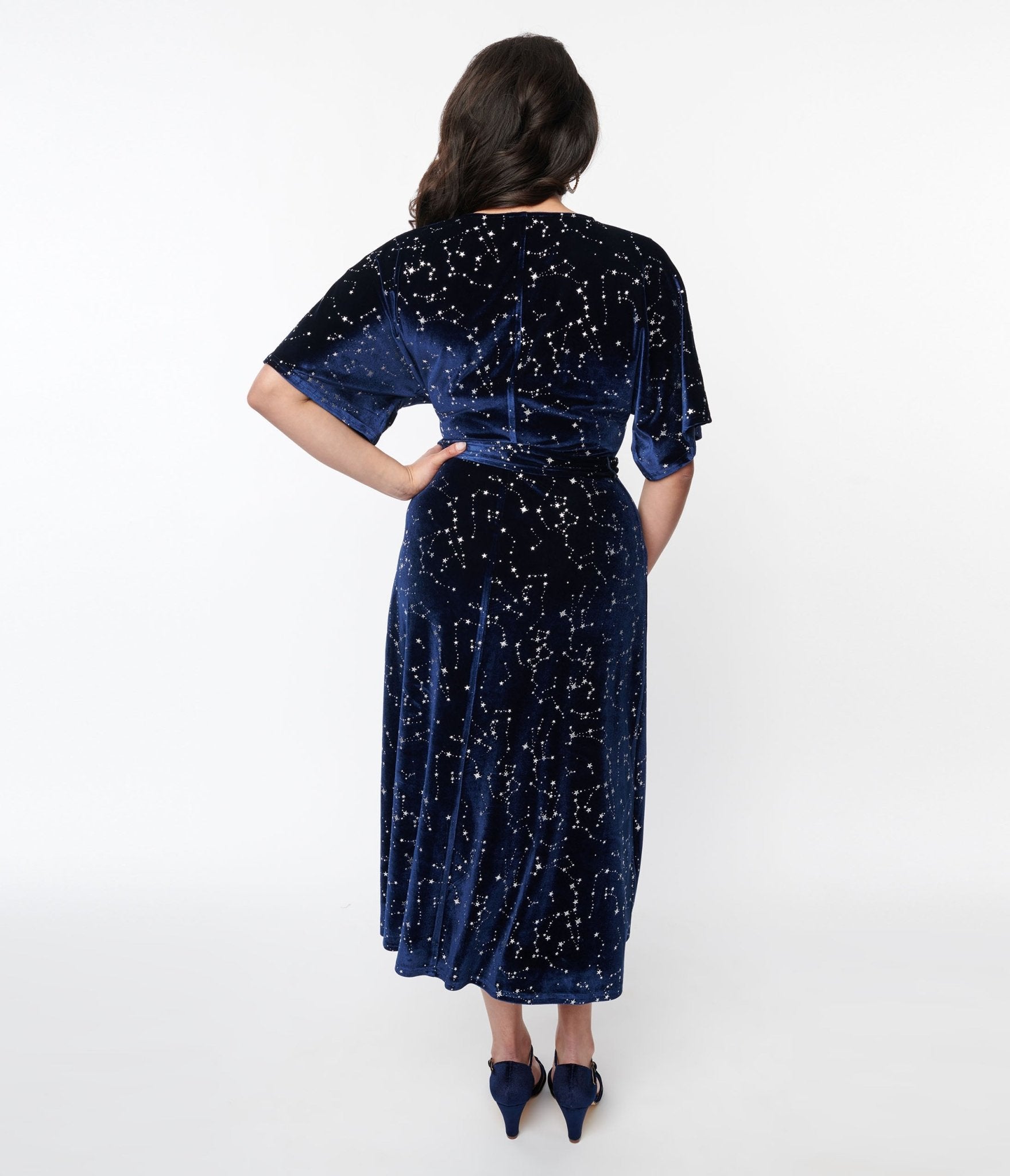 Navy & Silver Stars Velvet Wrap Midi Dress - Rockamilly - Dresses - Vintage