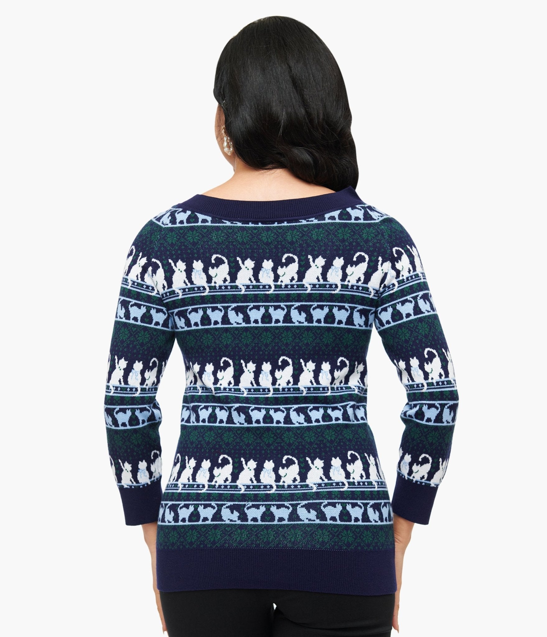 Navy/Green Cat 3/4 Sleeve Raglan Pullover - Rockamilly - knitwear - Vintage