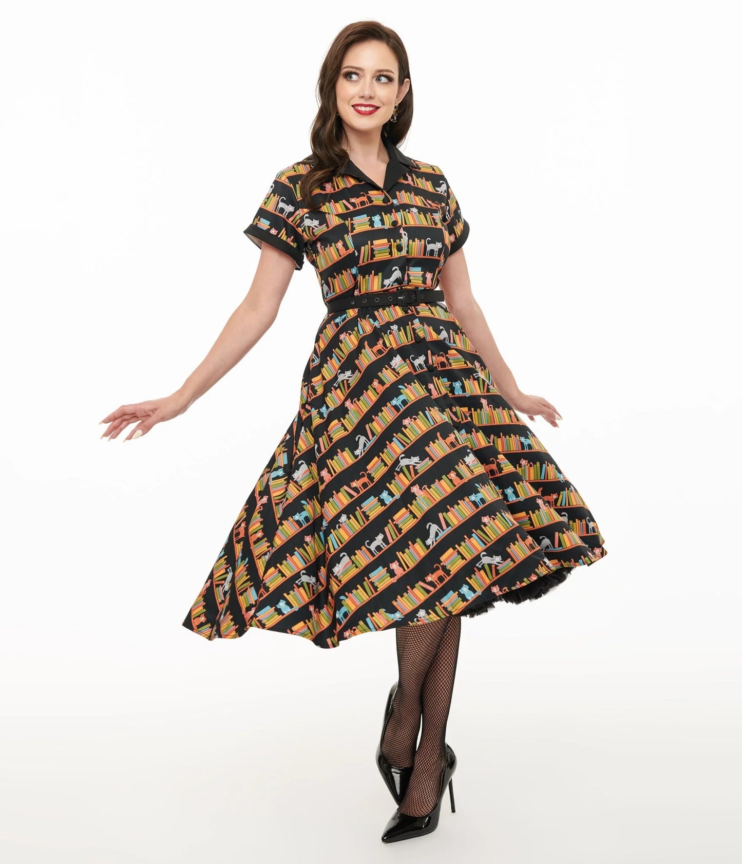 Cats & Bookshelf Print Swing Shirt Dress