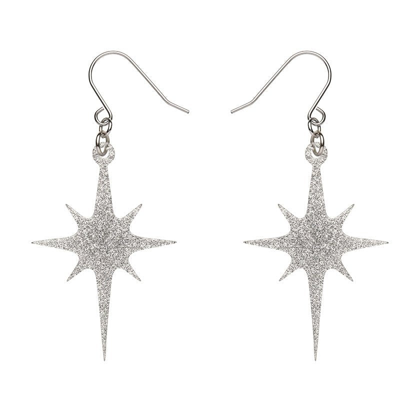Atomic Star Glitter Drop Earrings - Silver - Rockamilly-Jewellery-Vintage