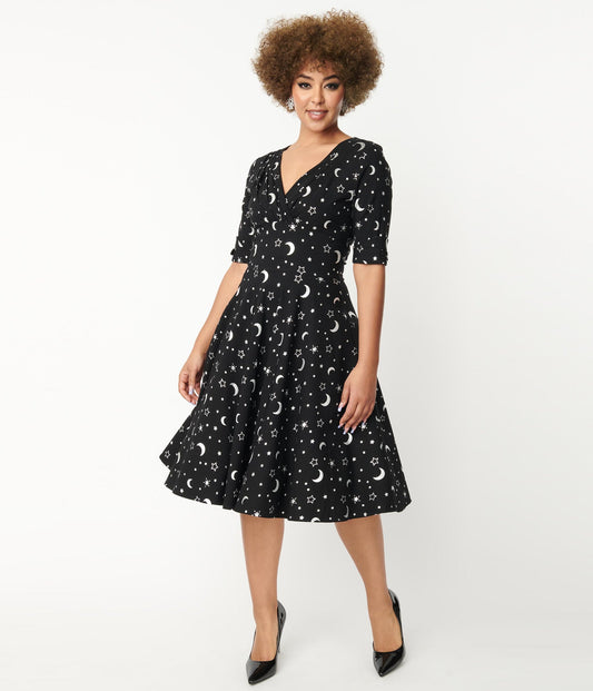 Black & Silver Galaxy Print Delores Swing Dress - Rockamilly-Dresses-Vintage