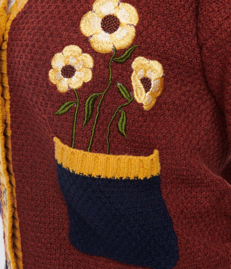 Brown & Mustard Embroidered Cardigan - Rockamilly-Knitwear-Vintage