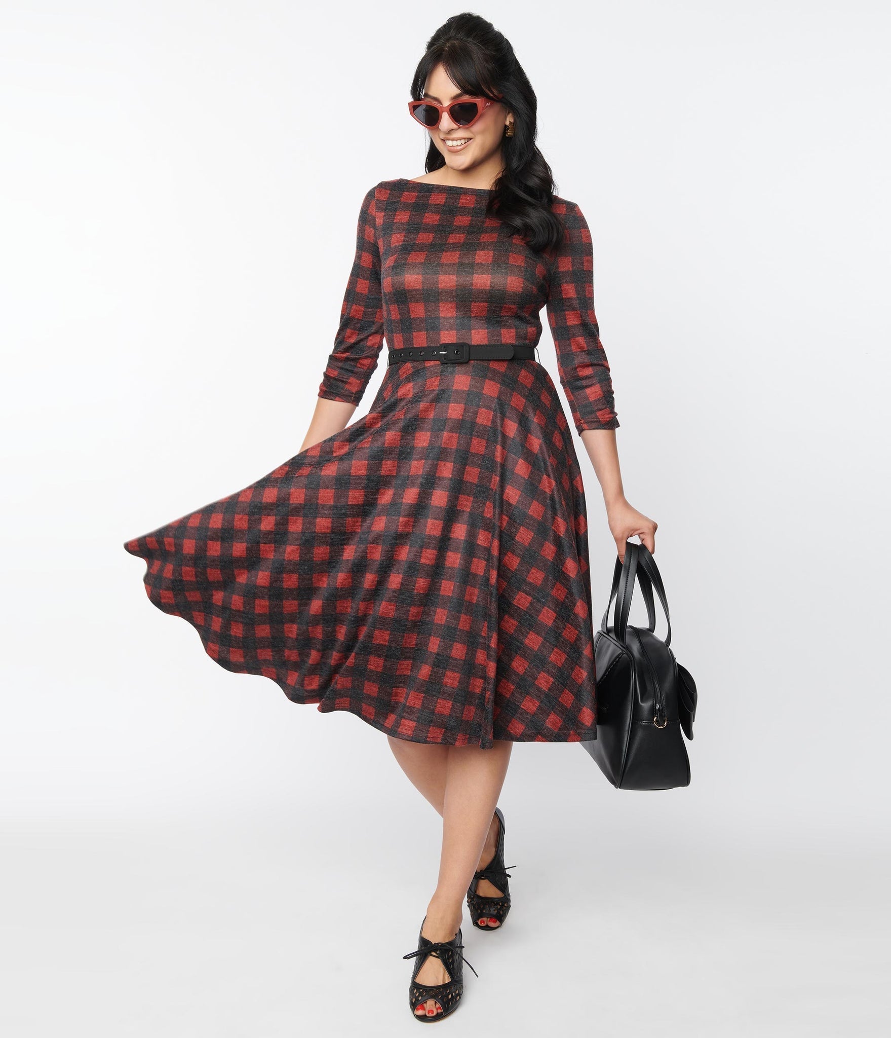 Burgundy & Black Plaid Devon Swing Dress - Rockamilly-Dresses-Vintage