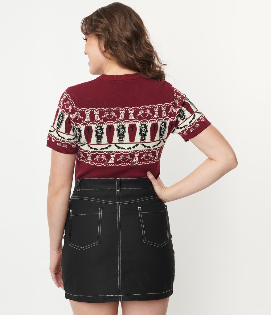 Burgundy Coffin Knit Fair Isle Short Sleeve Sweater - Rockamilly-Jumpers & Cardigans-Vintage